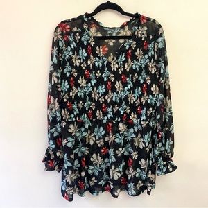 Lane Bryant black floral smocked blouse with semi sheer sleeves size 14/16